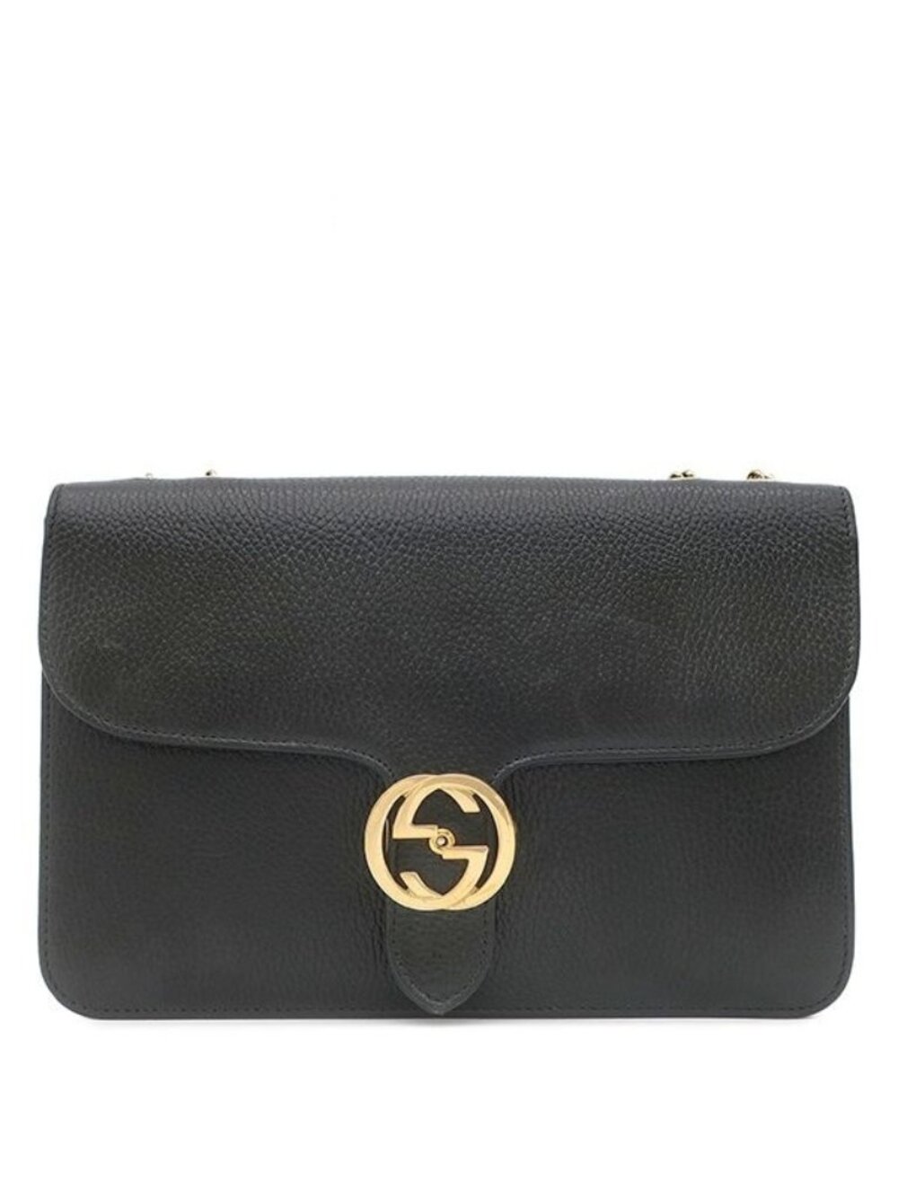 Gucci Shoulder Bag Interlocking G Leather Black Gold Double G Chain